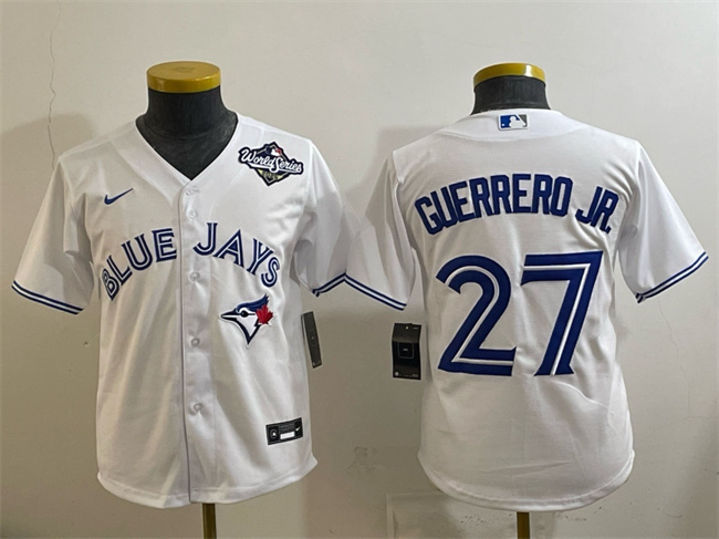 Youth Toronto Blue Jays #27 Vladimir Guerrero Jr. White 2025 World Series Cool Base Stitched Baseball Jersey Youth Toronto Blue Jays #27 Vladimir Guerrero Jr. White 2025 World Series Cool Base Stitched Baseball Jersey