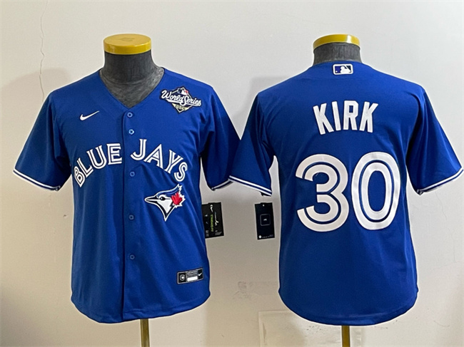 Youth Toronto Blue Jays #30 Alejandro Kirk Royal 2025 World Series Cool Base Stitched Baseball Jersey Youth Toronto Blue Jays #30 Alejandro Kirk Royal 2025 World Series Cool Base Stitched Baseball Jersey