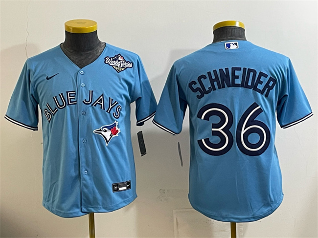 Youth Toronto Blue Jays #36 Davis Schneider Blue 2025 World Series Cool Base Stitched Baseball Jersey Youth Toronto Blue Jays #36 Davis Schneider Blue 2025 World Series Cool Base Stitched Baseball Jersey