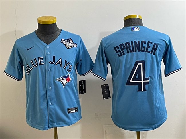 Youth Toronto Blue Jays #4 George Springer Blue 2025 World Series Cool Base Stitched Baseball Jersey Youth Toronto Blue Jays #4 George Springer Blue 2025 World Series Cool Base Stitched Baseball Jersey