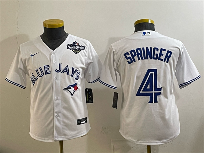 Youth Toronto Blue Jays #4 George Springer White 2025 World Series Cool Base Stitched Baseball Jersey Youth Toronto Blue Jays #4 George Springer White 2025 World Series Cool Base Stitched Baseball Jersey