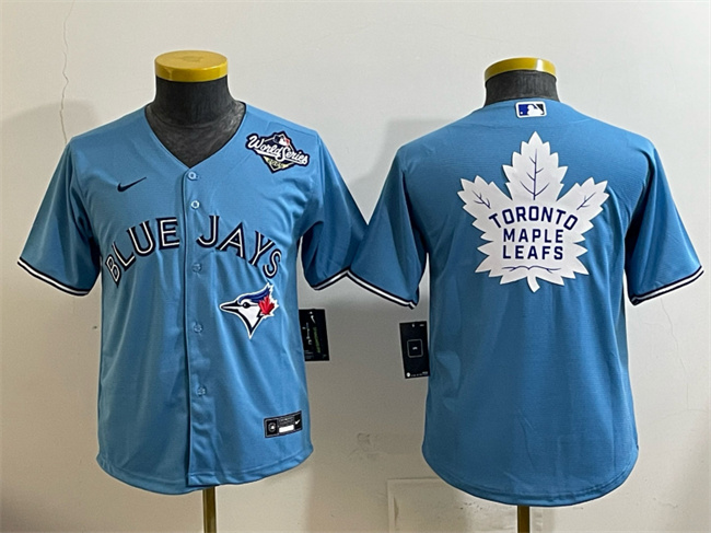 Youth Toronto Blue Jays & Leafs Blue 2025 World Series With White Leafs Logo Cool Base Stitched Baseball Jersey Youth Toronto Blue Jays & Leafs Blue 2025 World Series With White Leafs Logo Cool Base Stitched Baseball Jersey
