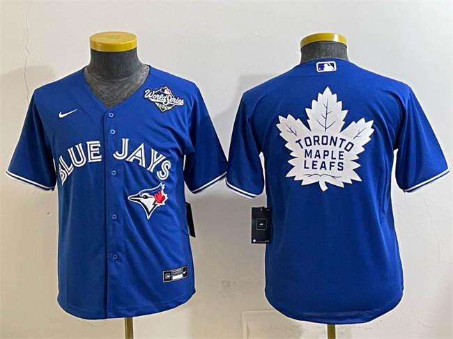Youth Toronto Blue Jays & Leafs Royal 2025 World Series With White Leafs Logo Cool Base Stitched Baseball Jersey Youth Toronto Blue Jays & Leafs Royal 2025 World Series With White Leafs Logo Cool Base Stitched Baseball Jersey