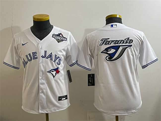 Youth Toronto Blue Jays Team Big Logo White 2025 World Series Home Cool Base Stitched Baseball Jersey Youth Toronto Blue Jays Team Big Logo White 2025 World Series Home Cool Base Stitched Baseball Jersey