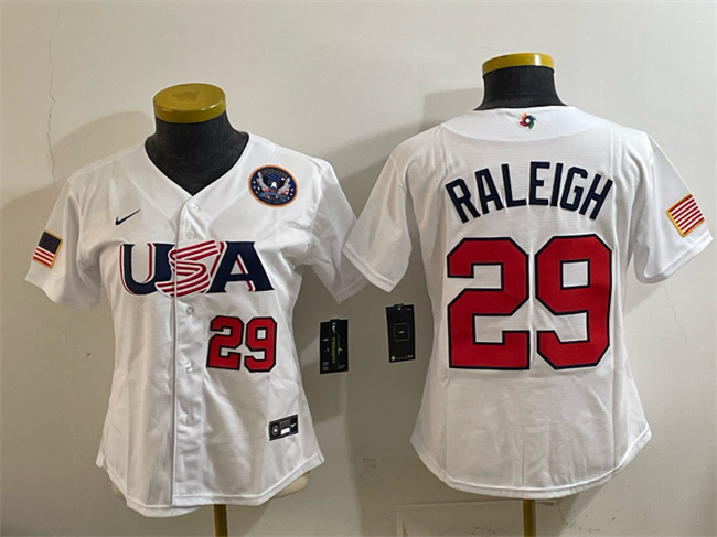 Youth USA Baseball #29 Cal Raleigh White 2026 World Baseball Classic United States 250th Anniversary Patch Stadium Stitched Baseball Jersey