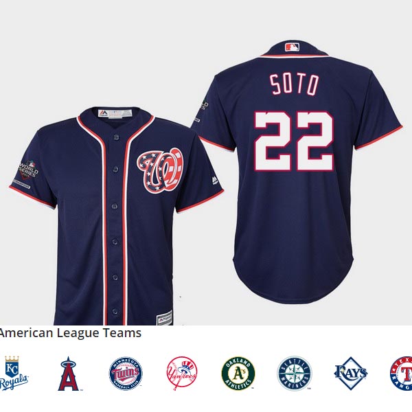 Youth Washington #22 Nationals Juan Soto 2019 World Series Champions Cool Base Navy Jersey Youth Washington #22 Nationals Juan Soto 2019 World Series Champions Cool Base Navy Jersey