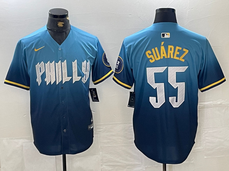 en's Philadelphia Phillies #55 Ranger Suárez Blue 2024 City Connect Limited Stitched Jersey 1