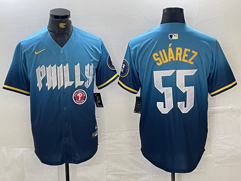 en's Philadelphia Phillies #55 Ranger Suárez Blue 2024 City Connect Limited Stitched Jersey 2