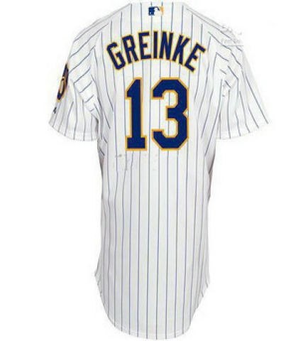 milwaukee brewers authentic 13 zack greinke (blue strip) white jersey