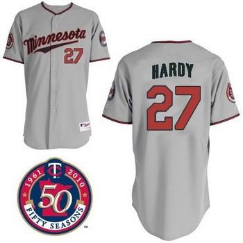 minnesota twins 27 j. j. hardy grey jerseys with 50th patch