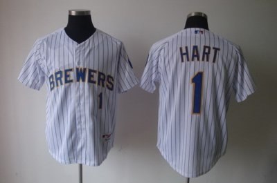 mlb milwaukee brewers #1 corey hart alternate white baseball coolbase jersey(blue stripe)